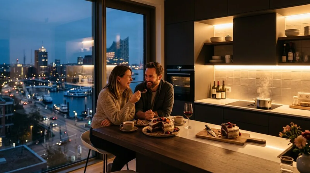 Paar auf Balkon mit Kaffee — entspannt und glücklich