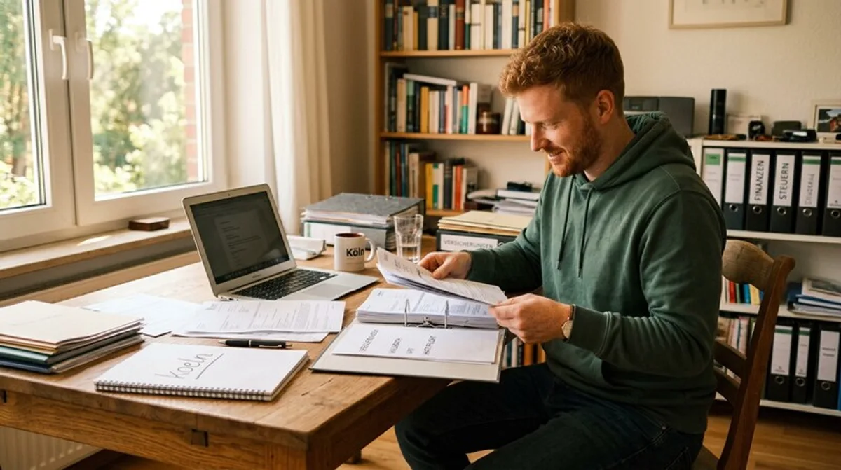 Mann sortiert Versicherungsunterlagen in Ordner am Schreibtisch