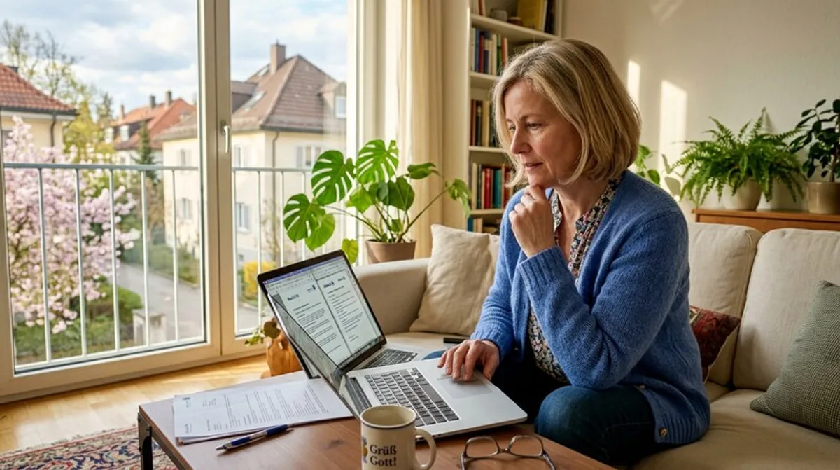 Frau vergleicht Versicherungen am Laptop im hellen Wohnzimmer