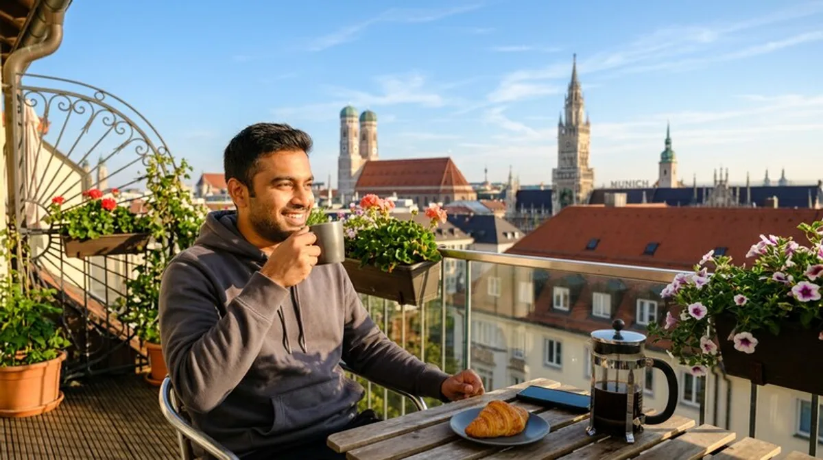 Mann arbeitet am Laptop auf moderner heller Couch im Wohnzimmer