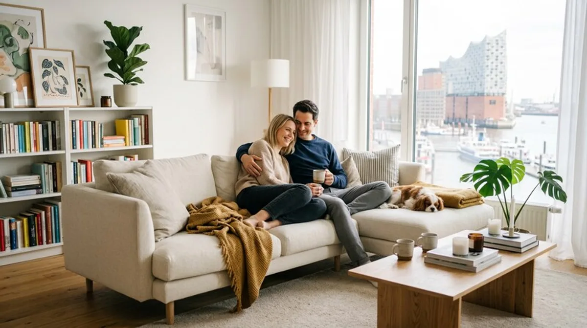 Gemütliches Paar auf hellem modernen Sofa im Wohnzimmer